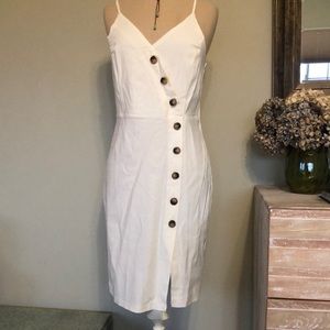 She Sky off-white stretch linen-like cross over button front dress large NWT